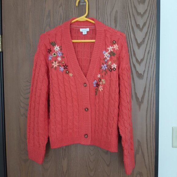 Sundance Hot Pink Floral Embroidered Cable Knit Cardigan Sweater Medium - Picture 1 of 8